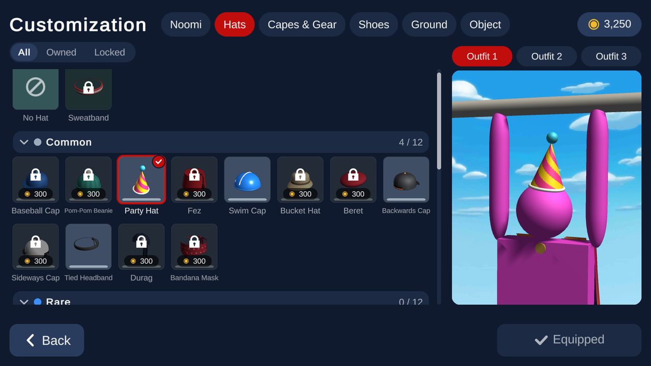 L'écran Skins avec des chapeaux et trois tenues